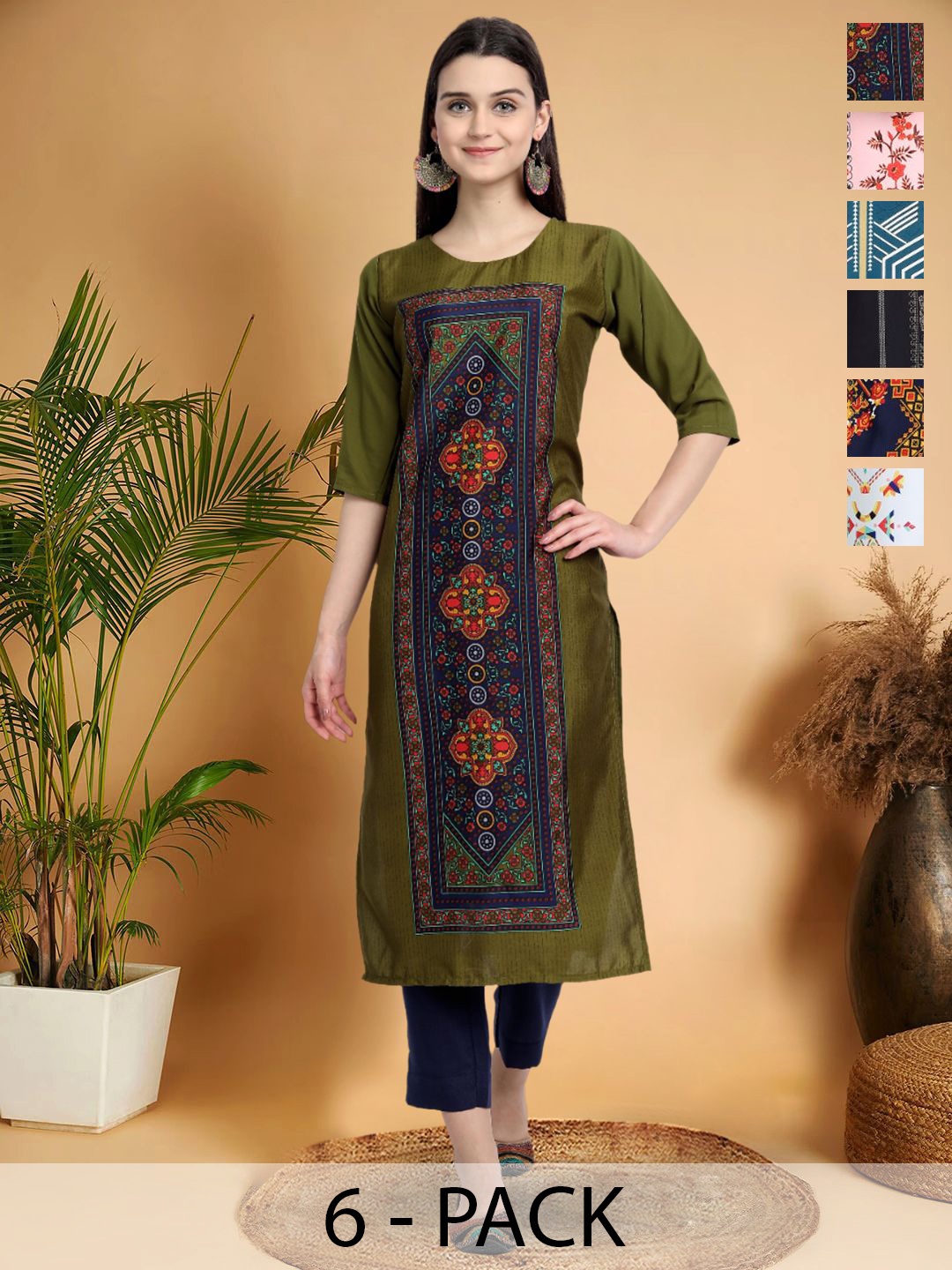 

7Threads Selection Of 6 Ethnic Motifs Printed Round Neck Straight Kurtas, Olive