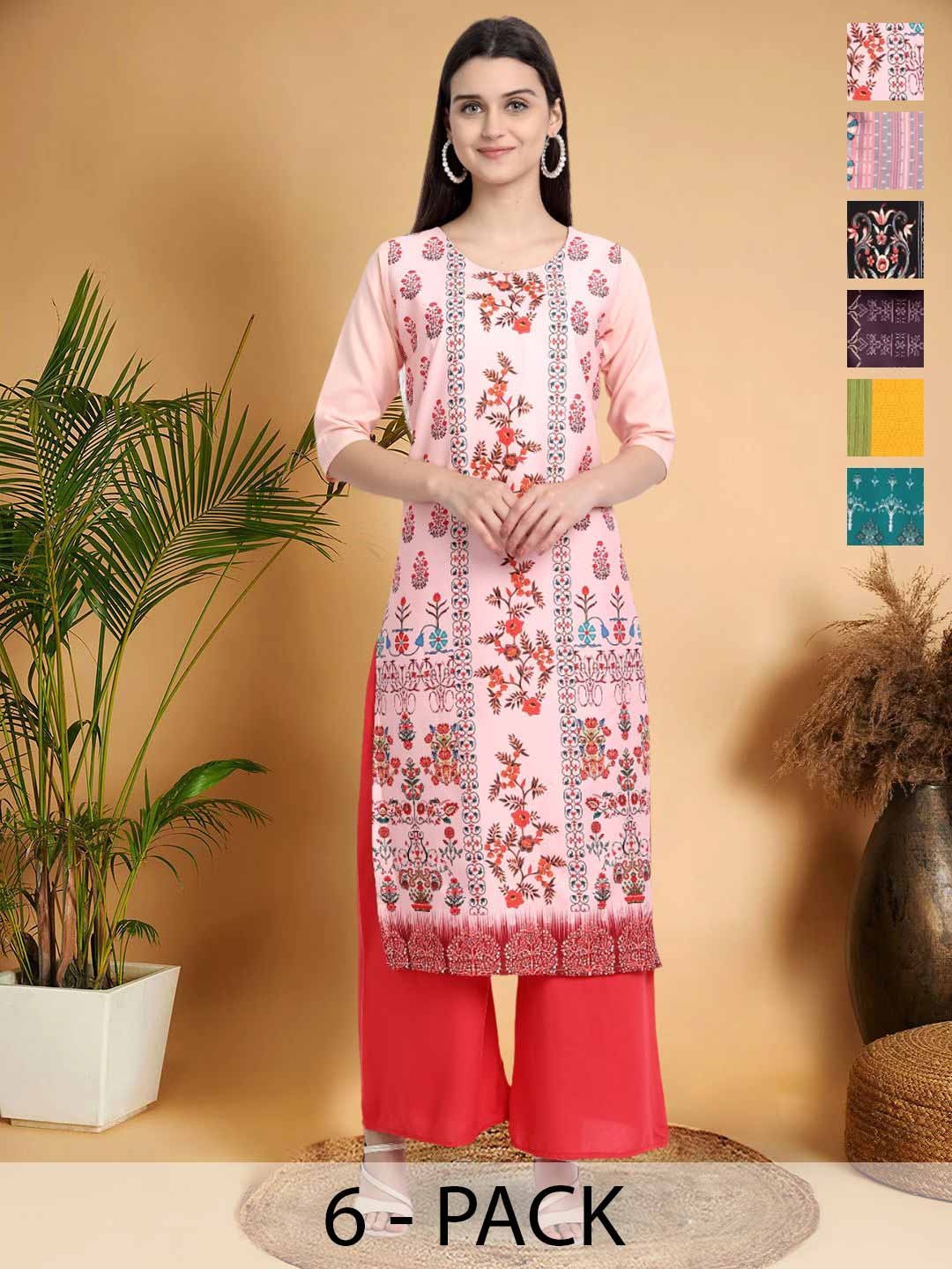 

7Threads Selection Of 6 Floral Printed Round Neck Kurtas, Peach