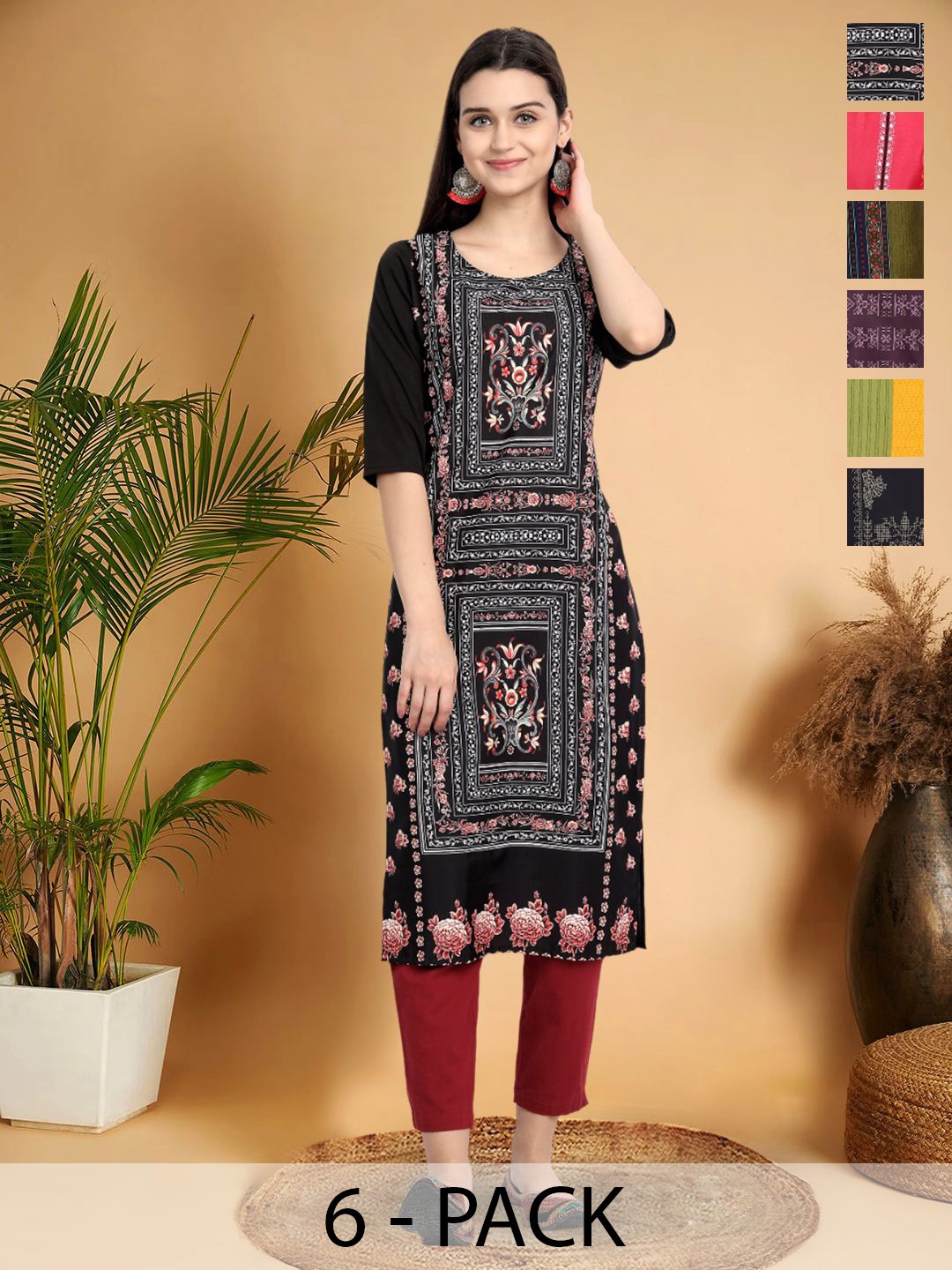 

7Threads Selection Of 6 Ethnic Motifs Printed Round Neck Straight Kurtas, Black