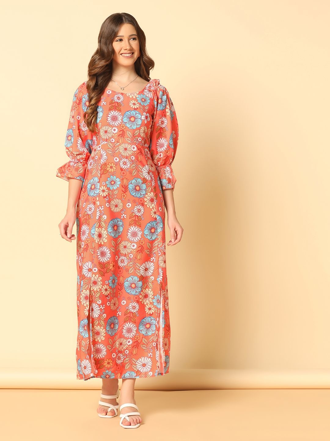 

Moda Rapido Floral Print Puff Sleeve Crepe A-Line Maxi Dress, Orange