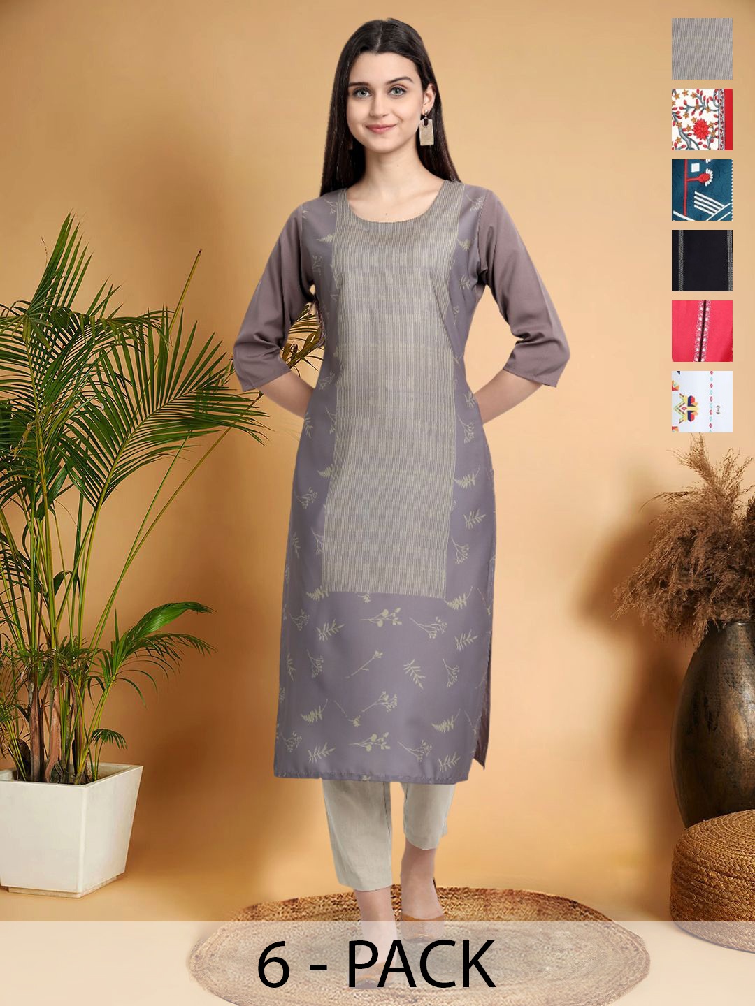 

7Threads Selection Of 6 Floral Printed Round Neck Straight Kurtas, Grey