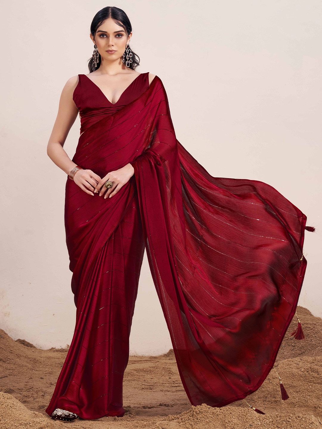 

Tikhi Imli Sequinned Satin Saree, Maroon