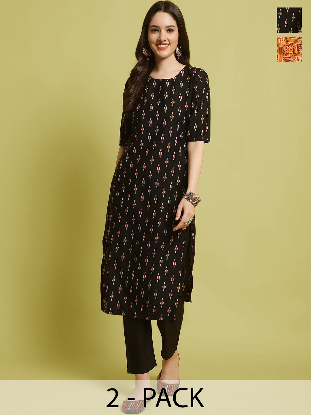 

7Threads Selection Of 2 Ethnic Motifs Printed Straight Kurta With Trousers, Black