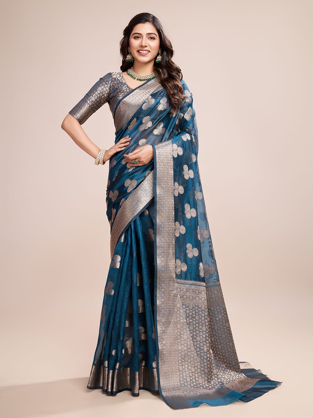 

SHRIMAY Woven Design Zari Organza Banarasi Saree, Blue