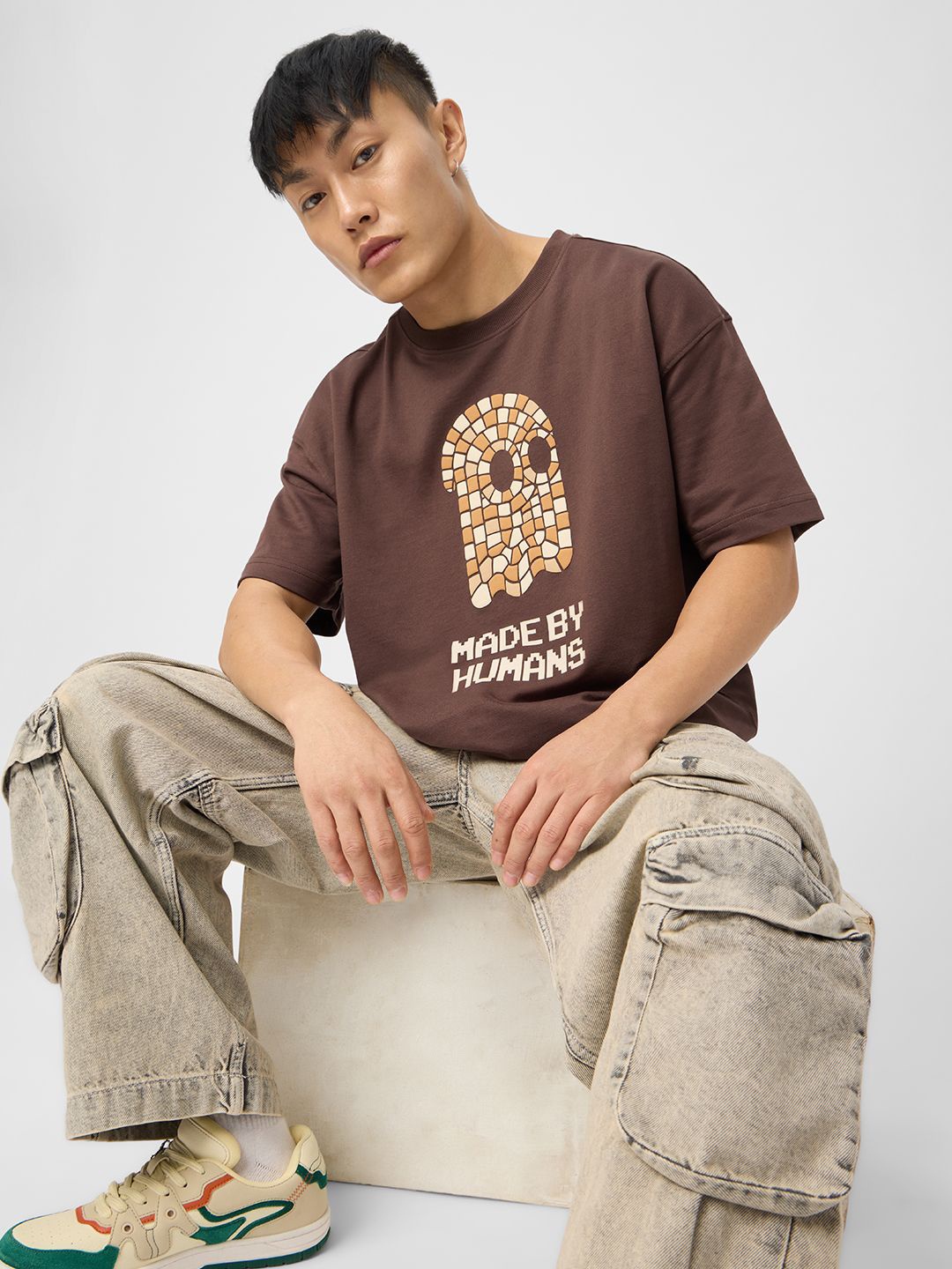 

The Souled Store Short Sleeves Cotton Printed Oversized Tshirt, Brown