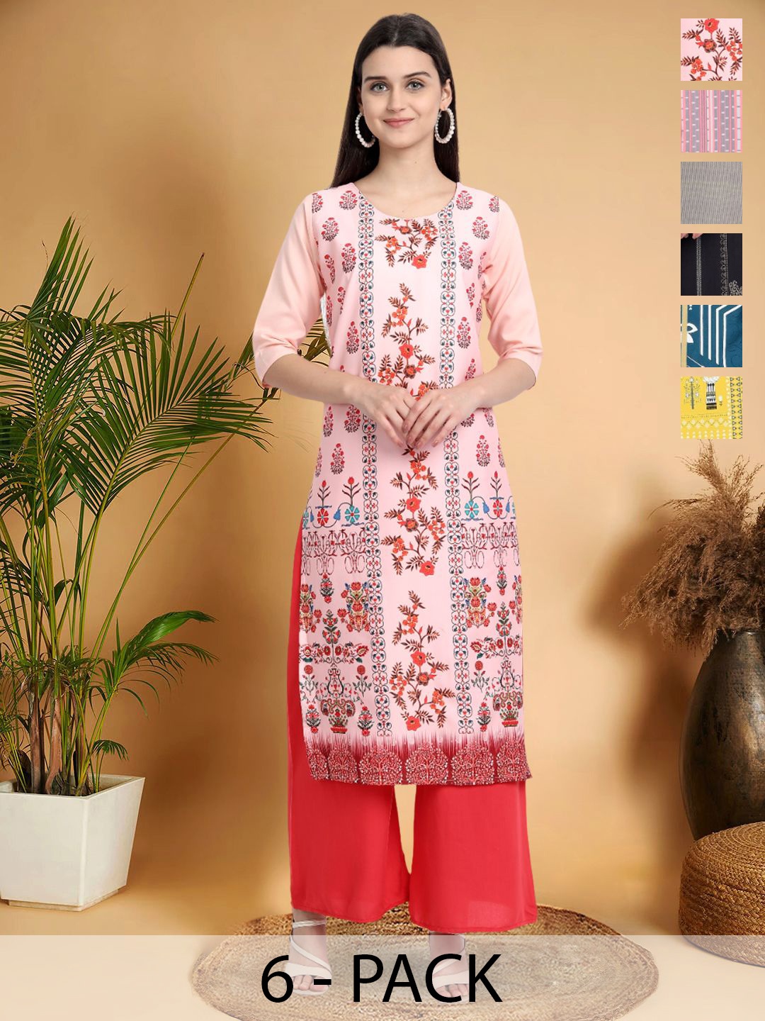 

7Threads Selection Of 6 Floral Printed Round Neck Kurtas, Peach