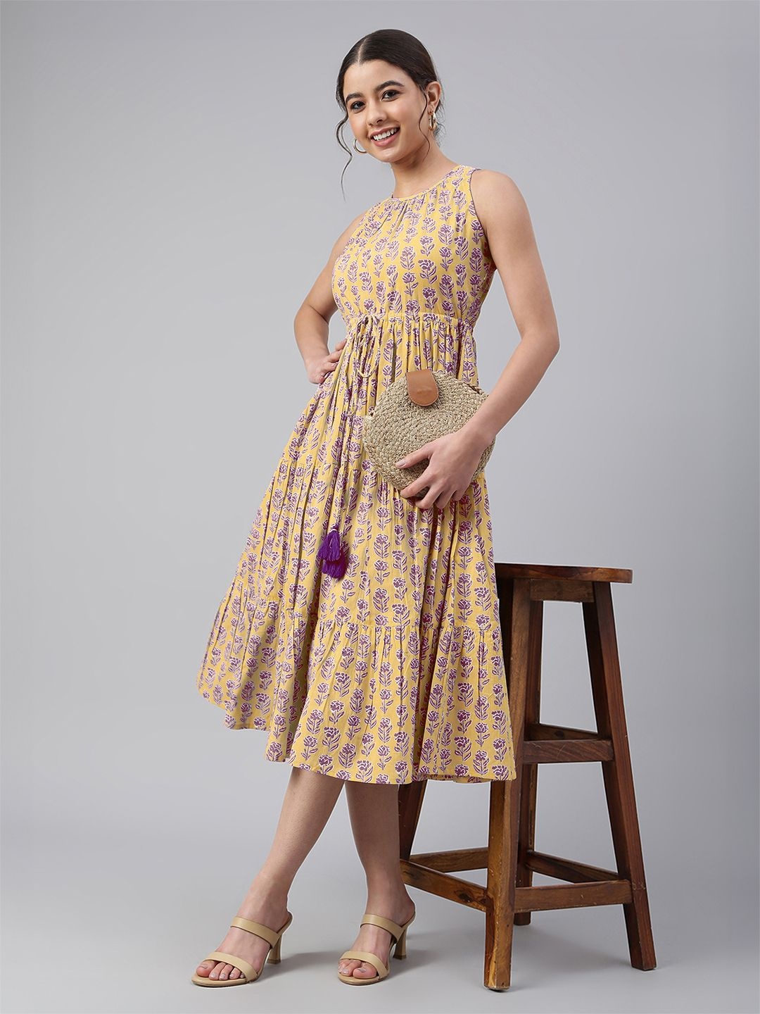 

Janasya Women Pure Cotton Floral Printed Tiered Dress, Yellow