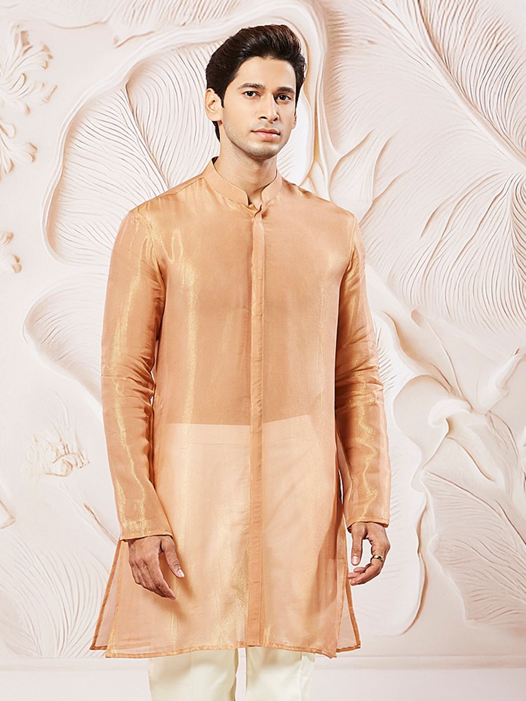 

VASTRAMAY Mandarin Collar Tissue Silk Straight Kurta, Rust