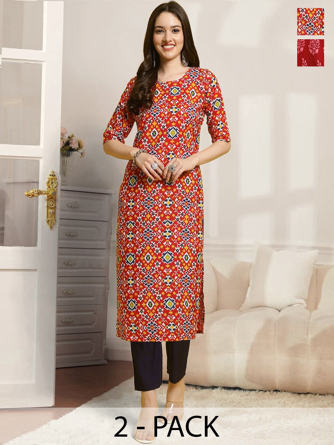 

7Threads Selection Of 2 Ethnic Motifs Printed Round Neck Straight Kurtas With Trousers, Red