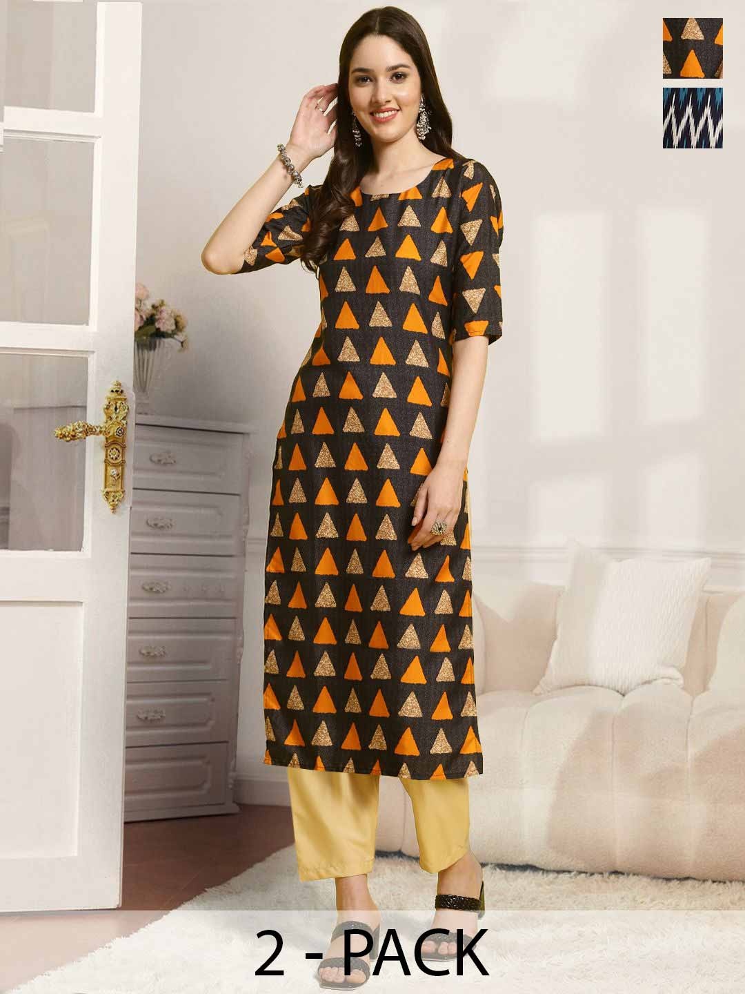 

7Threads Selection Of 2 Geometric Printed Round Neck Straight Kurta With Trousers, Black