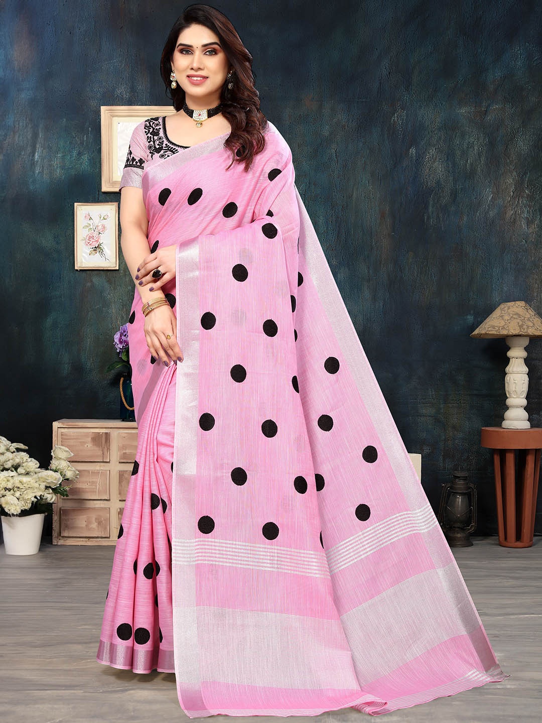 

A.V.M. SILK MILLS Polka Dots Embroidered Zari Pure Cotton Saree, Pink