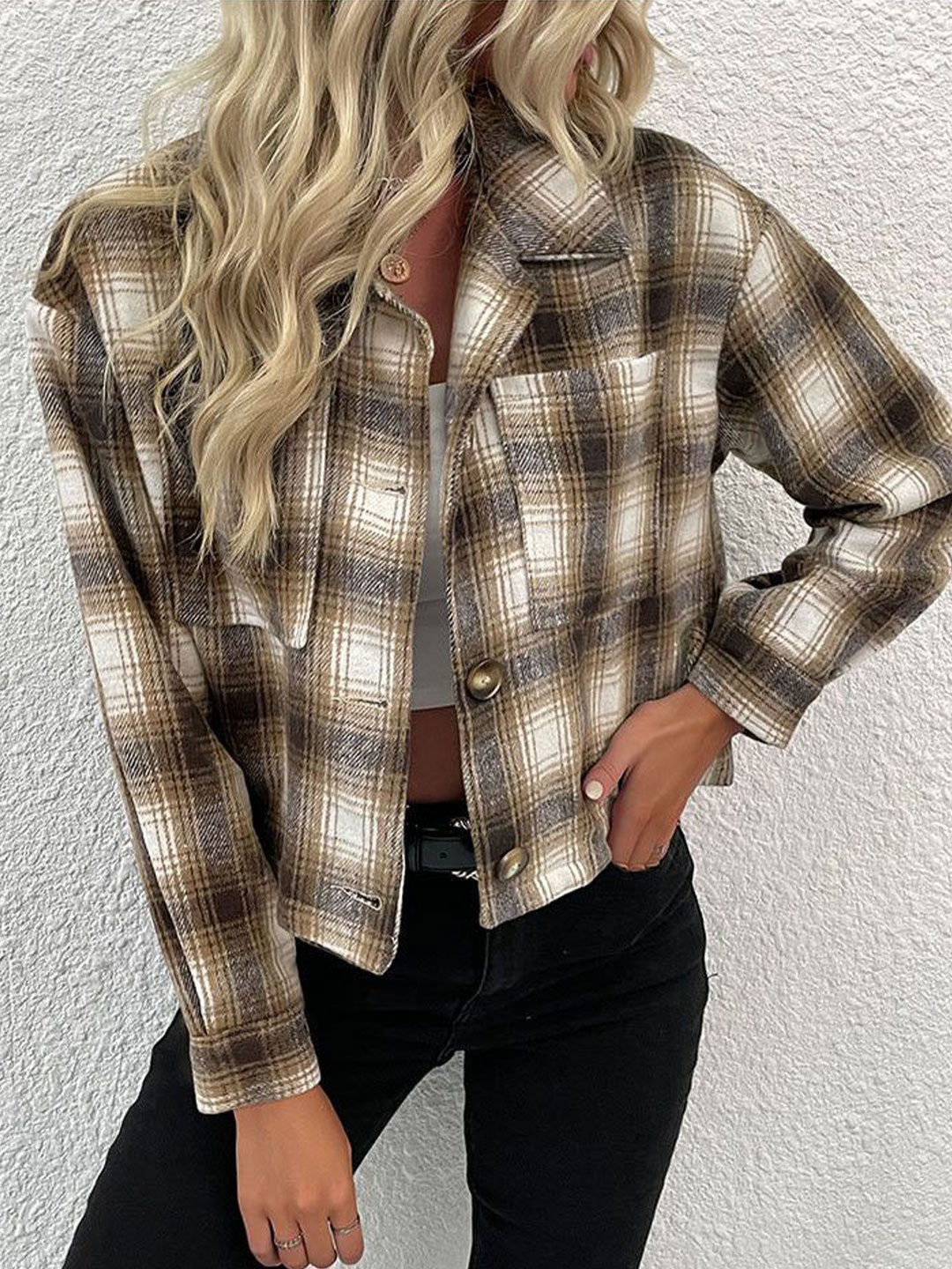 

DressBerry Women Checked Lapel Collar Shirt Style Top, Khaki