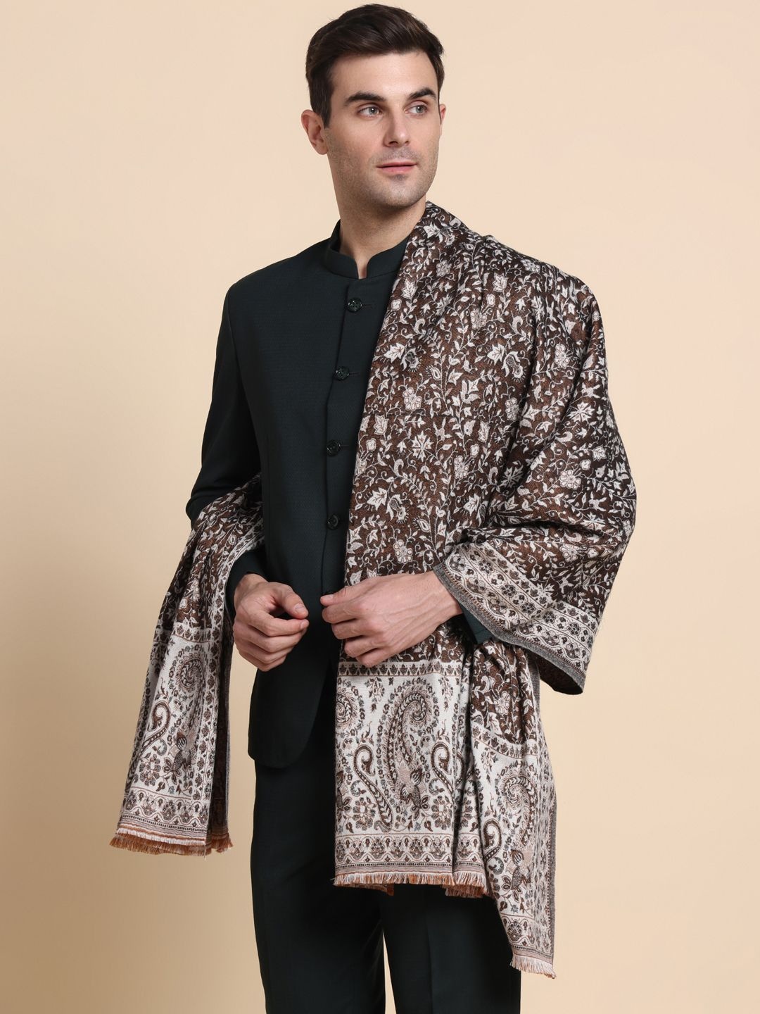 

WEAVERS VILLA Men Floral Woven Design Shawl, Brown