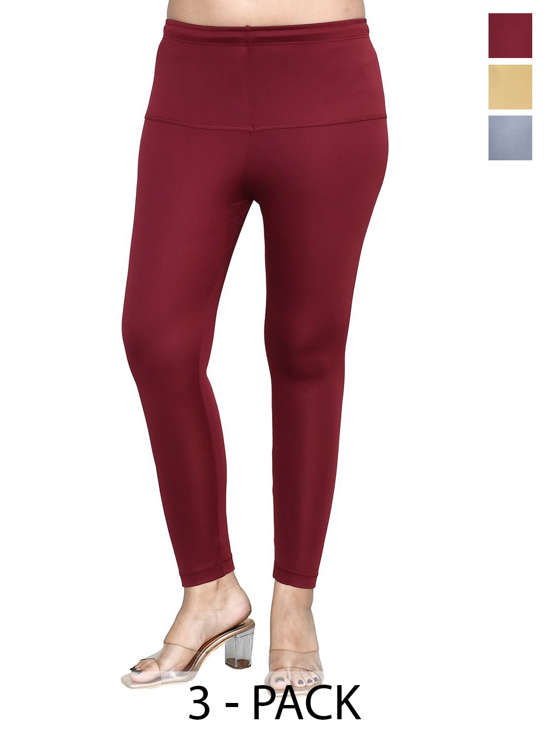 

RAPL Women Pack Of 3 Cotton Mid-Rise Churidar-Length Leggings, Maroon