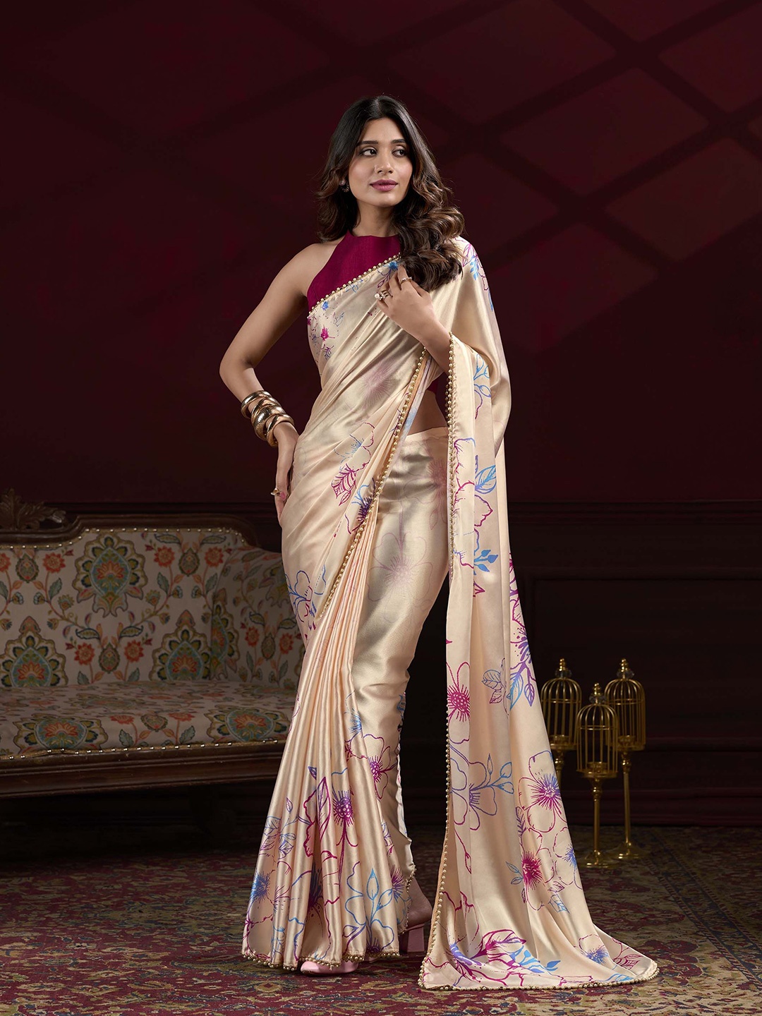 

MADHAVPRIYA Floral Printed Beads and Stones Saree, Cream