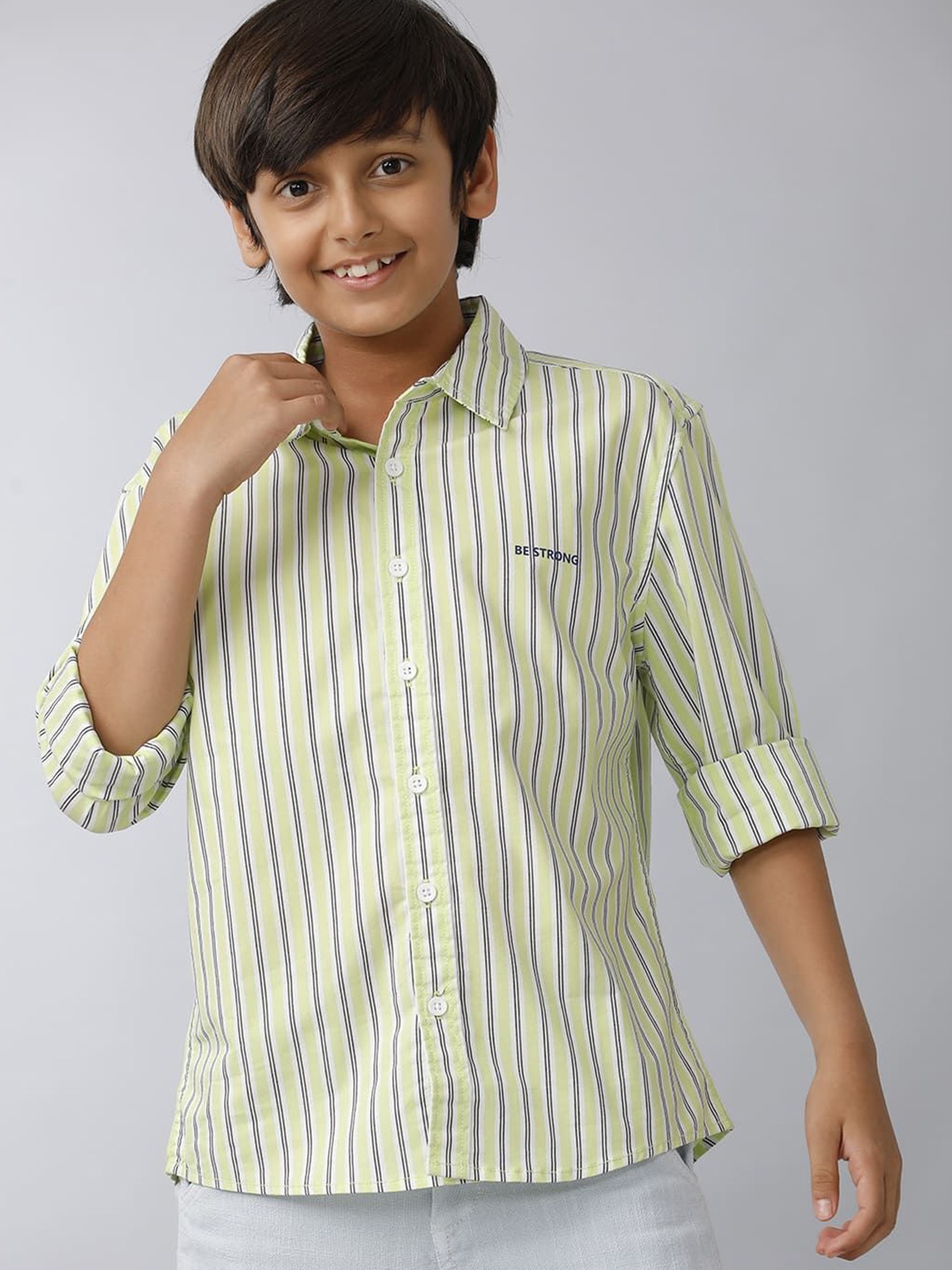 

UNDER FOURTEEN ONLY Boys Spread Collar Vertical Striped Cotton Casual Shirt, Yellow