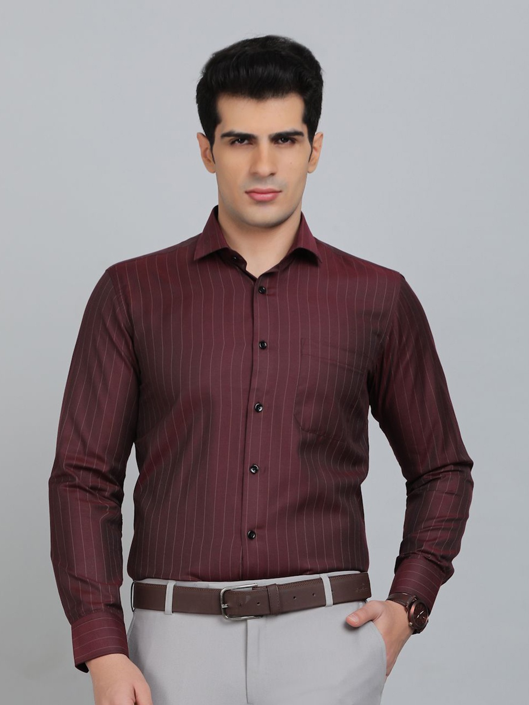 

Greenfibre Men Slim Fit Spread Collar Vertical Striped Cotton Formal Shirt, Maroon