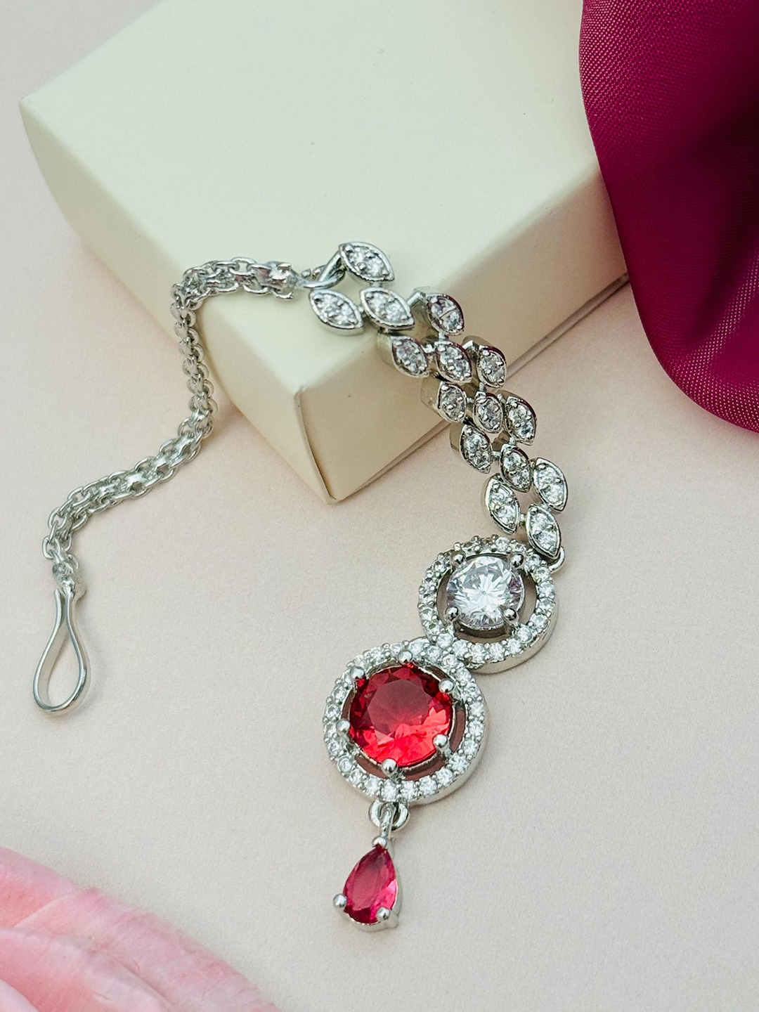 

ABDESIGNS Silver-Plated American Diamond Studded Maang Tikka