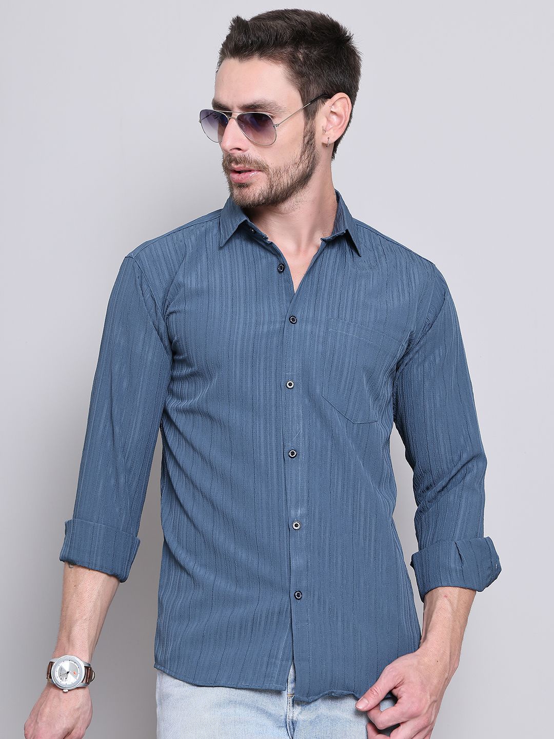 

Majestic Man Comfort Slim Fit Spread Collar Textured Casual Shirt, Blue