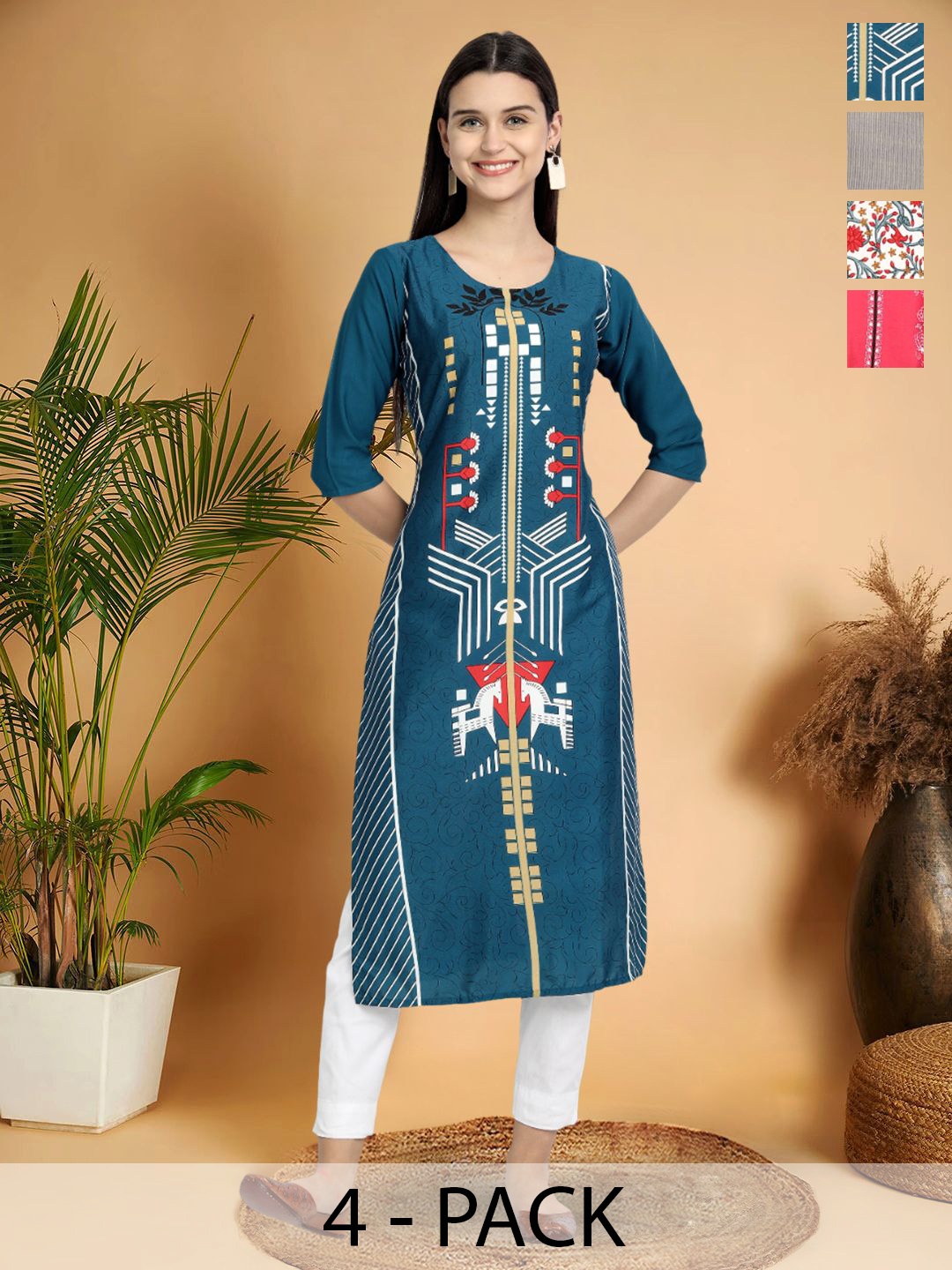 

7Threads Selection Of 4 Ethnic Motifs Printed Round Neck Straight Kurtas, Teal