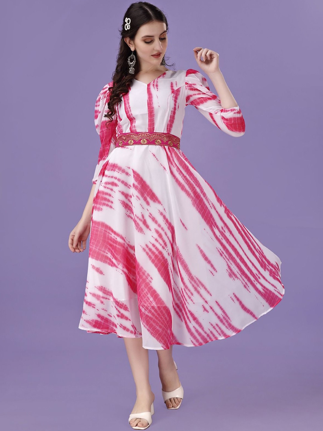 

BAESD Women Tie and Dye Printed Georgette Fit & Flare Midi Dress, White