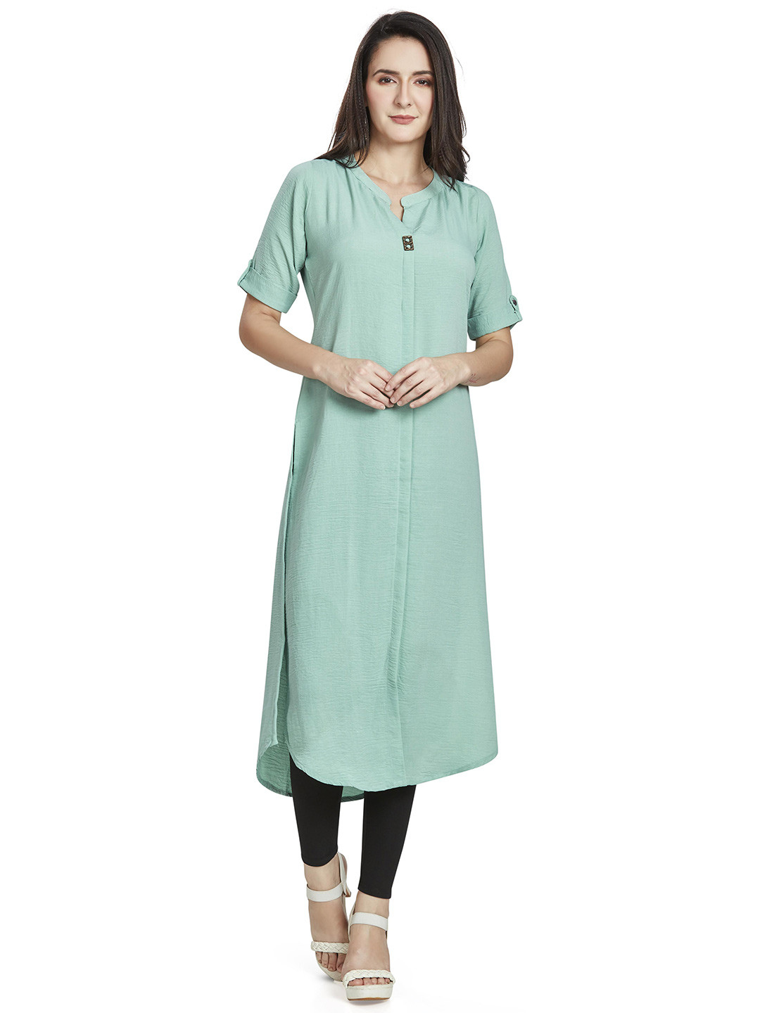 

Nioni Women Manderian Neck Straight Roll-Up Sleeves Kurtas, Turquoise blue