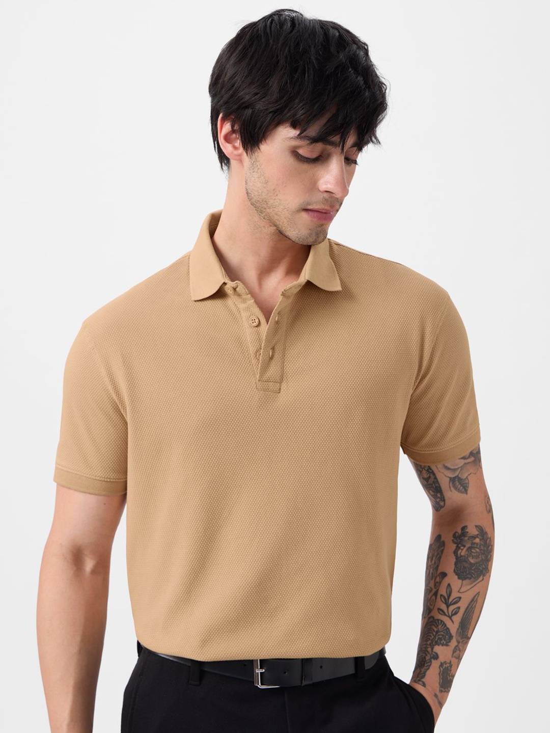 

The Souled Store Men Self Design Polo Collar Cotton T-shirt, Tan