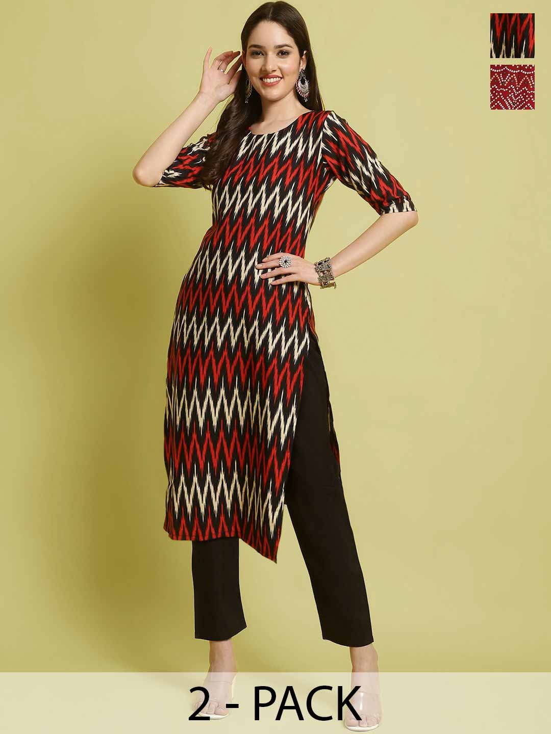 

7Threads Selection Of 2 Chevron Printed Round Neck Straight Kurta With Trousers, Black