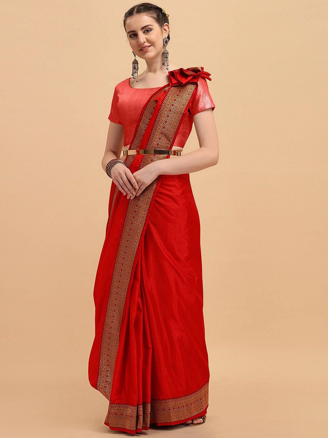 

Peachmode Embroidered Pure Silk Saree, Red