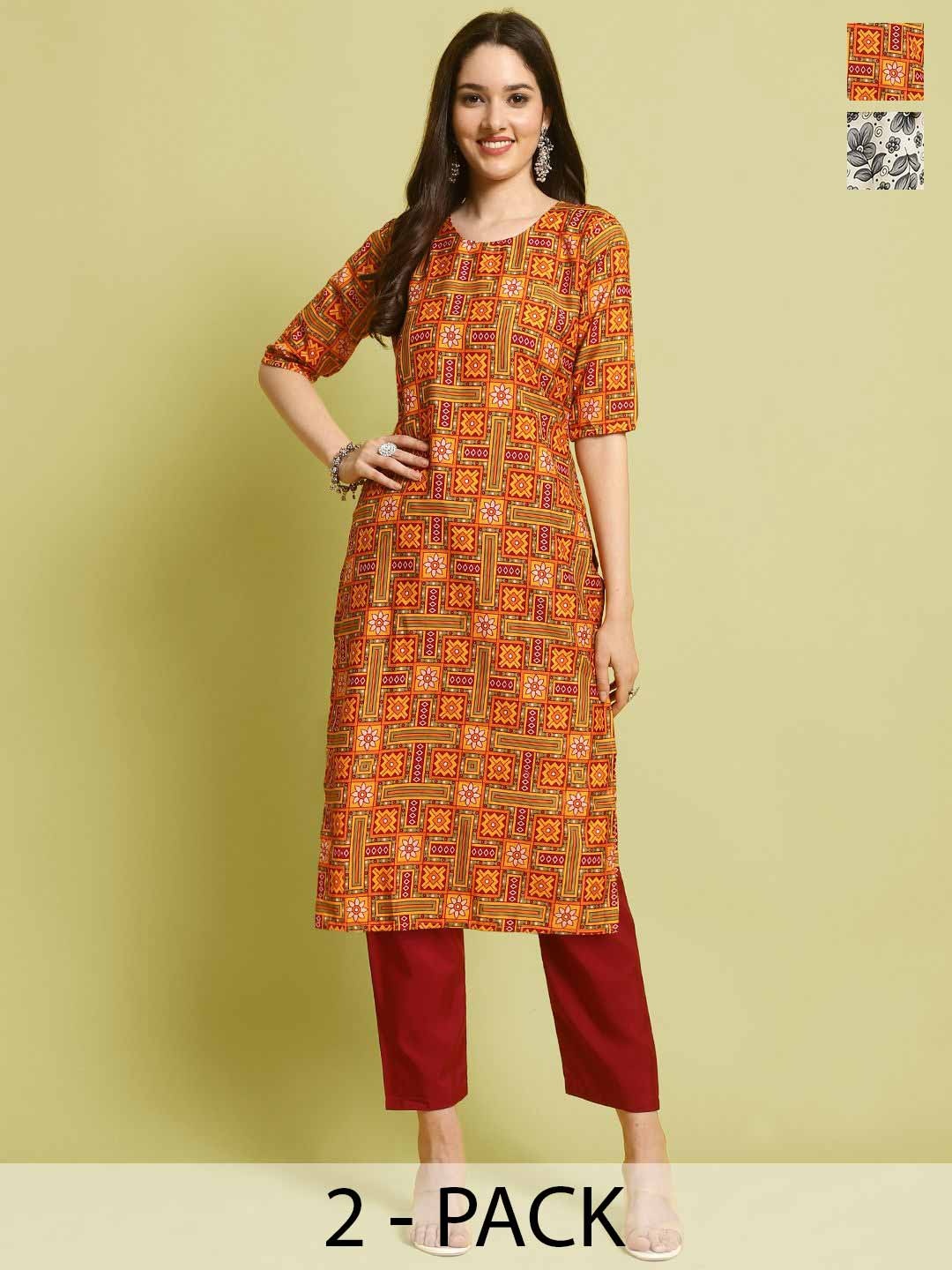 

7Threads Selection Of 2 Ethnic Motifs Printed Straight Kurta With Trousers, Yellow