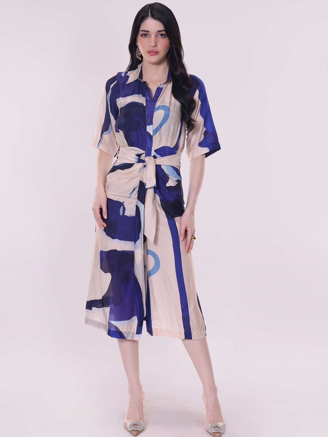 

POPPI Women Sapphire Printed Shirt Dress, Beige