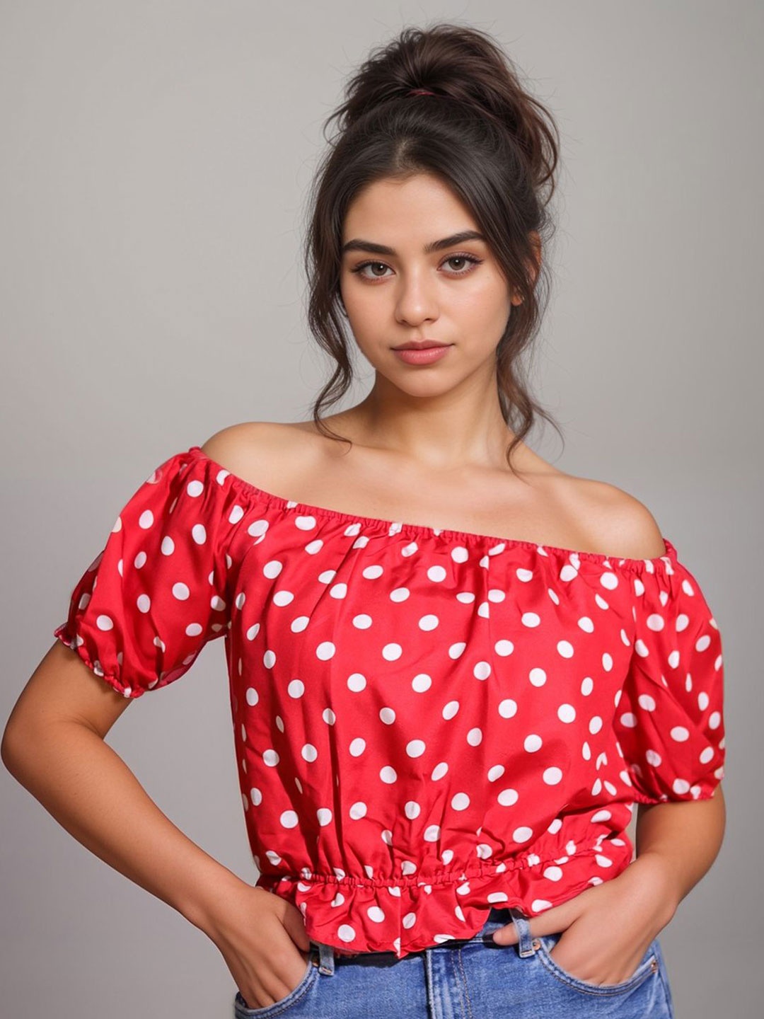

Classy Hangers Women Polka Dots Printed Off-Shoulder Puff Sleeves Bardot Crop Top, Red