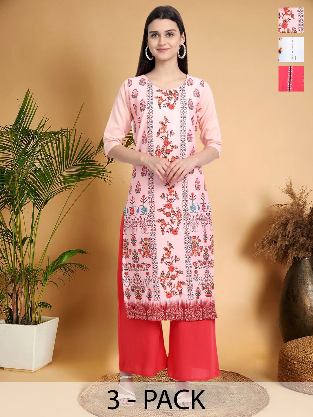 

7Threads Selection Of 3 Floral Printed Round Neck Straight Kurtas, Pink