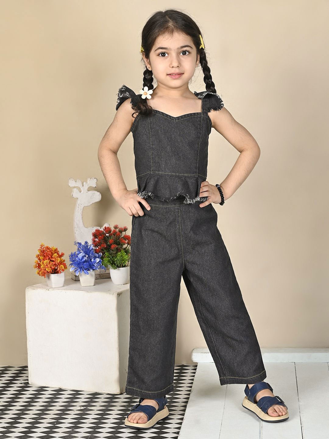 

Superminis Girls Sleeveless Denim Top With Trouser, Black