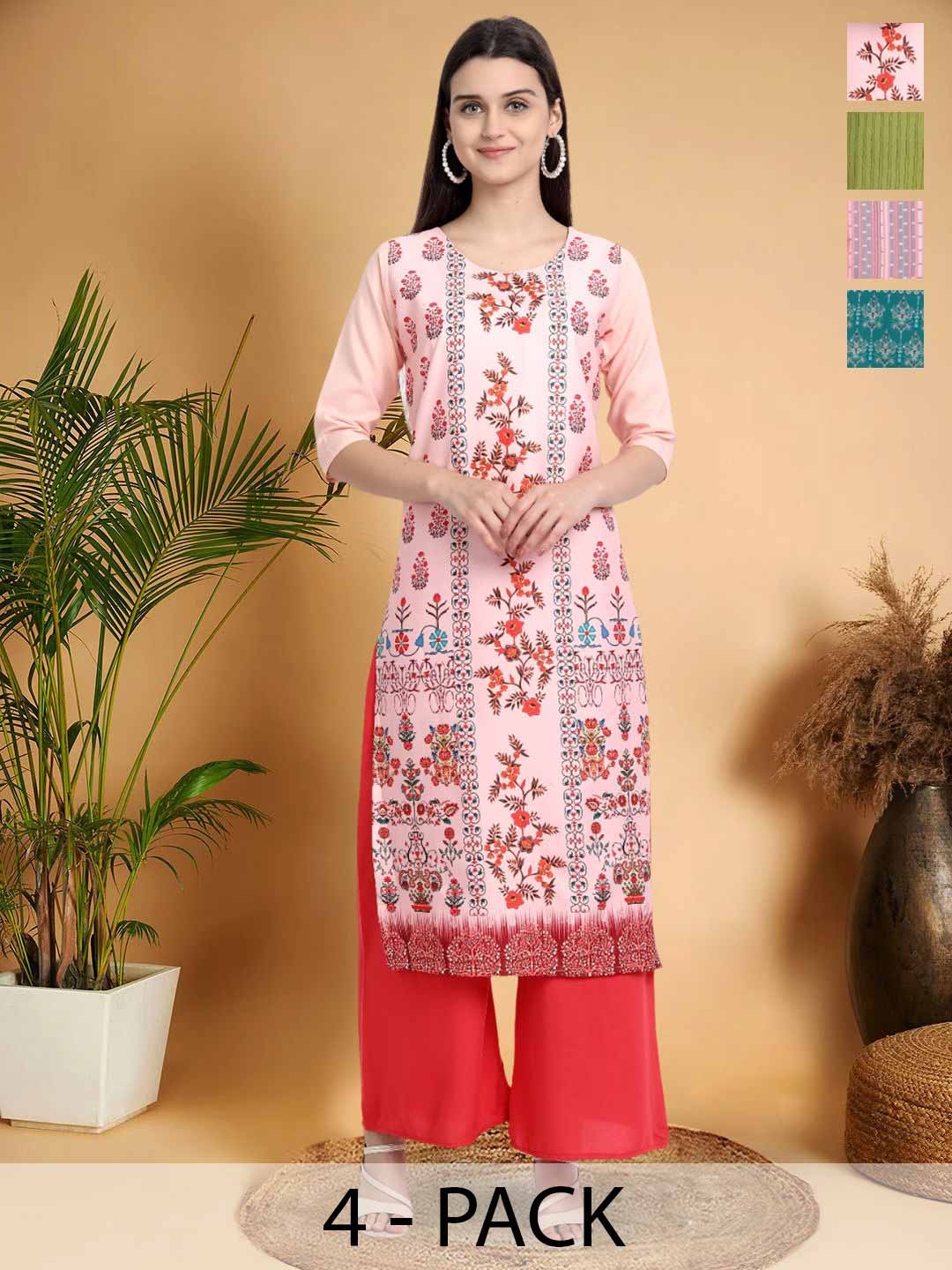 

7Threads Selection Of 4 Floral Printed Round Neck Straight Kurtas, Pink