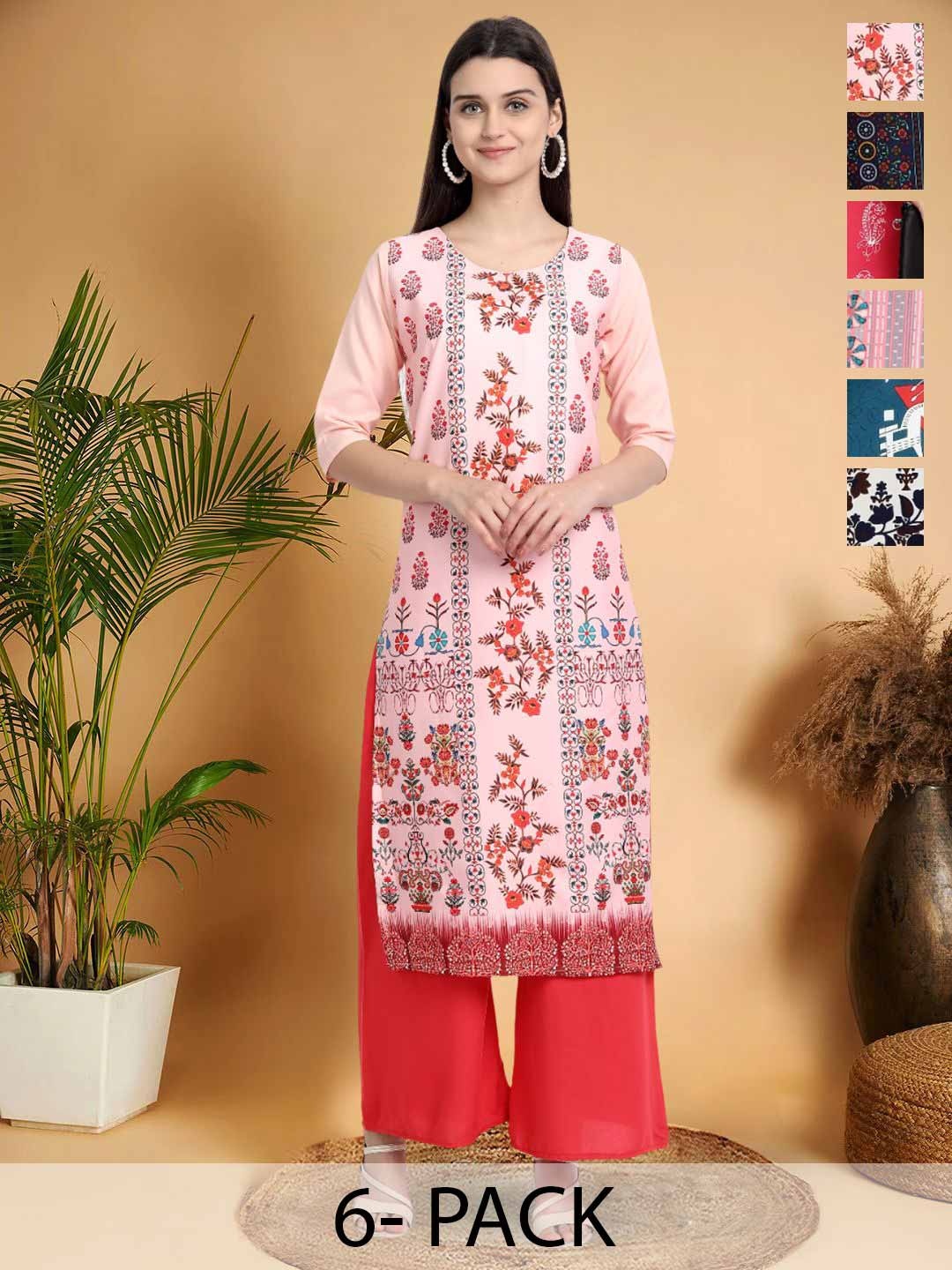 

7Threads Selection Of 6 Floral Printed Round Neck Kurtas, Peach