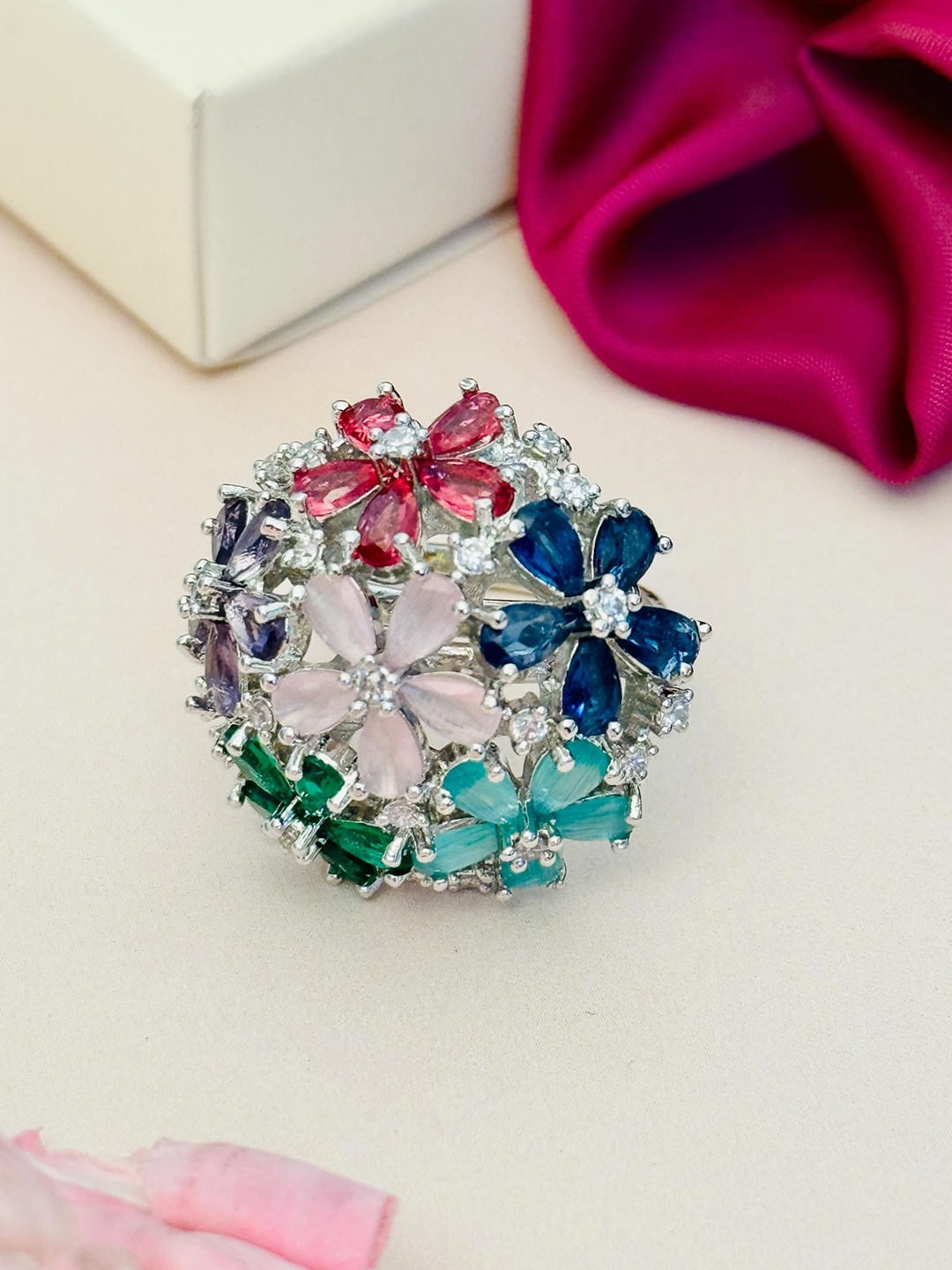 

ABDESIGNS Exquisite Silver Plated American Diamond Stone Studded Ring