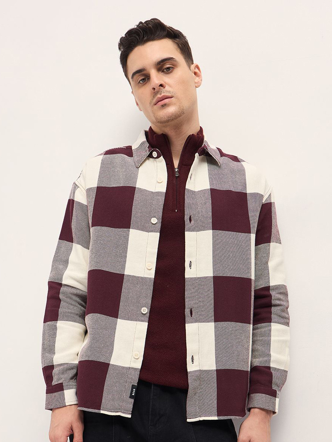 

THE BEAR HOUSE Men Relaxed Fit Spread Collar Buffalo Checked Cotton Casual Shirt, Maroon