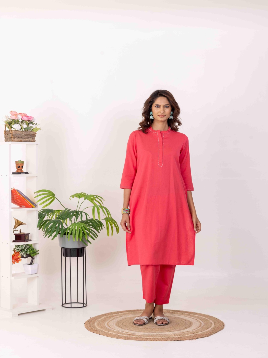 

INAAYA JAIPUR Mandarin Collar Pure Cotton Tunic & Trouser, Coral