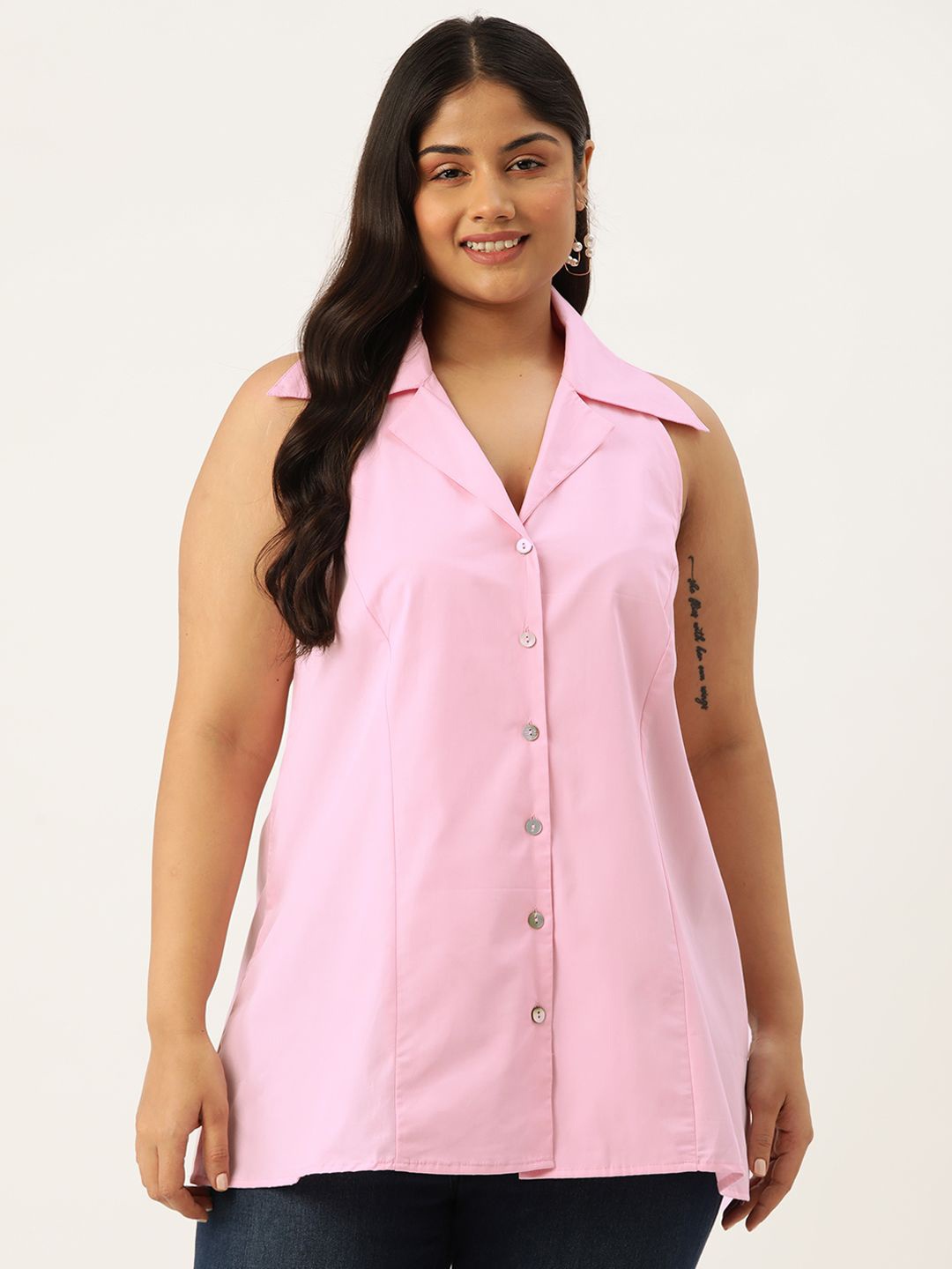 

theRebelinme Women Shirt Collar Pure Cotton Plus Size Shirt Style Top, Pink