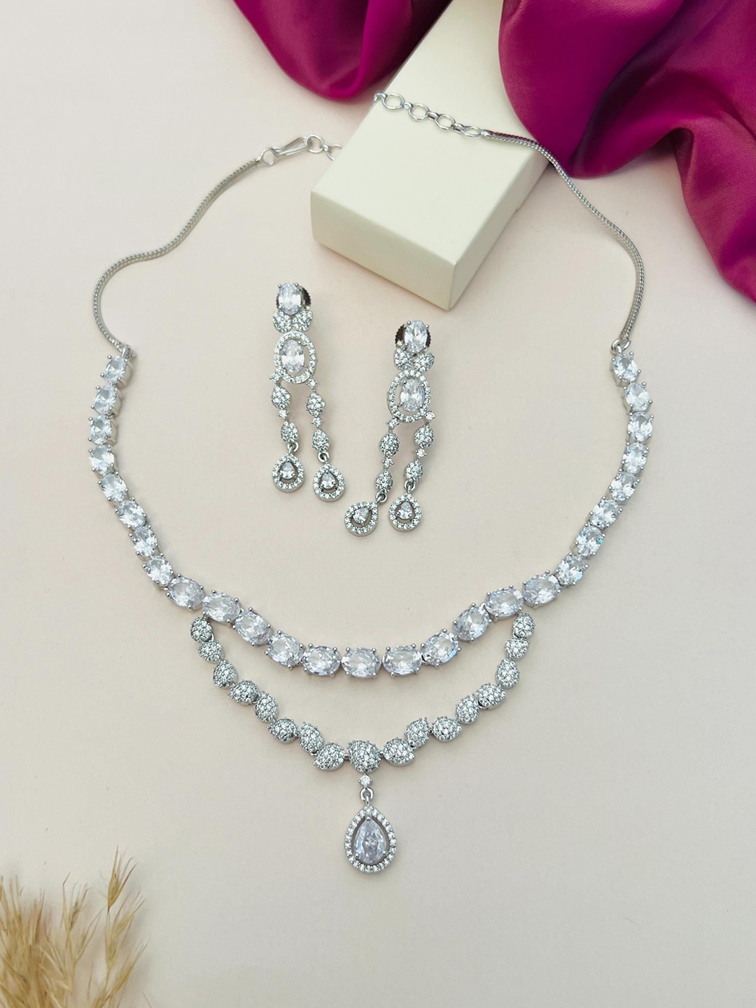 

ABDESIGNS Sliver Plated American Diamond Studded Jewellery Set, Silver