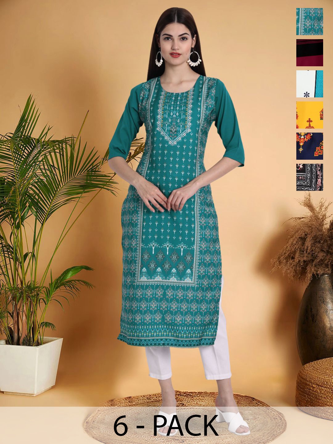 

7Threads Selection Of 6 Ethnic Motifs Printed Round Neck Kurtas, Teal