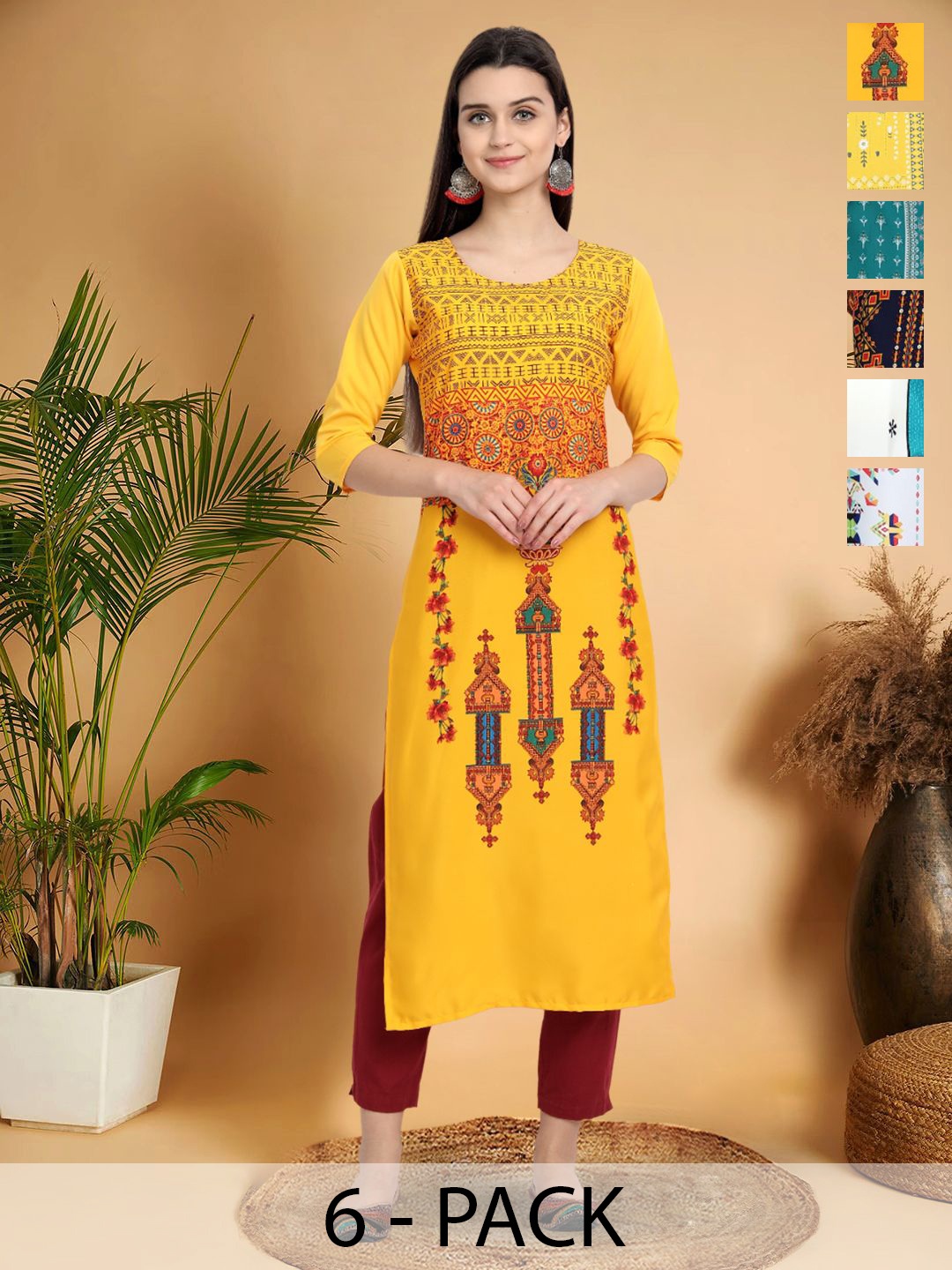 

7Threads Selection Of 6 Ethnic Motifs Printed Round Neck Straight Kurtas, Yellow