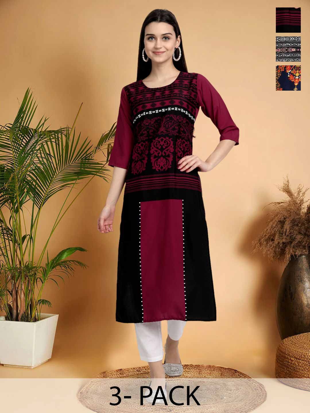 

7Threads Selection Of 3 Ethnic Motifs Printed Round Neck Straight Kurtas, Maroon