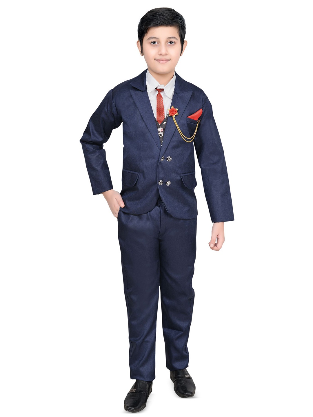 

AJ STYLES Boys Notched Lapel Collar Blazer With Trouser And Waistcoat 4-Piece Suits, Navy blue