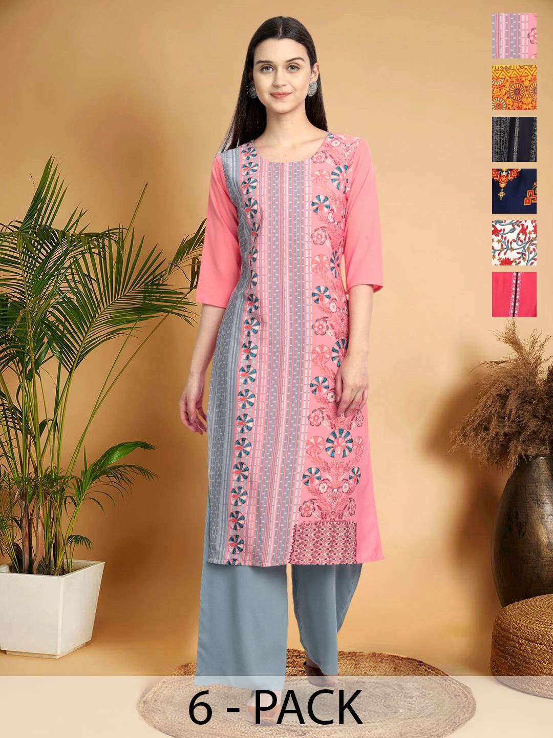 

7Threads Selection Of 6 Ethnic Motifs Printed Straight Kurtas, Pink