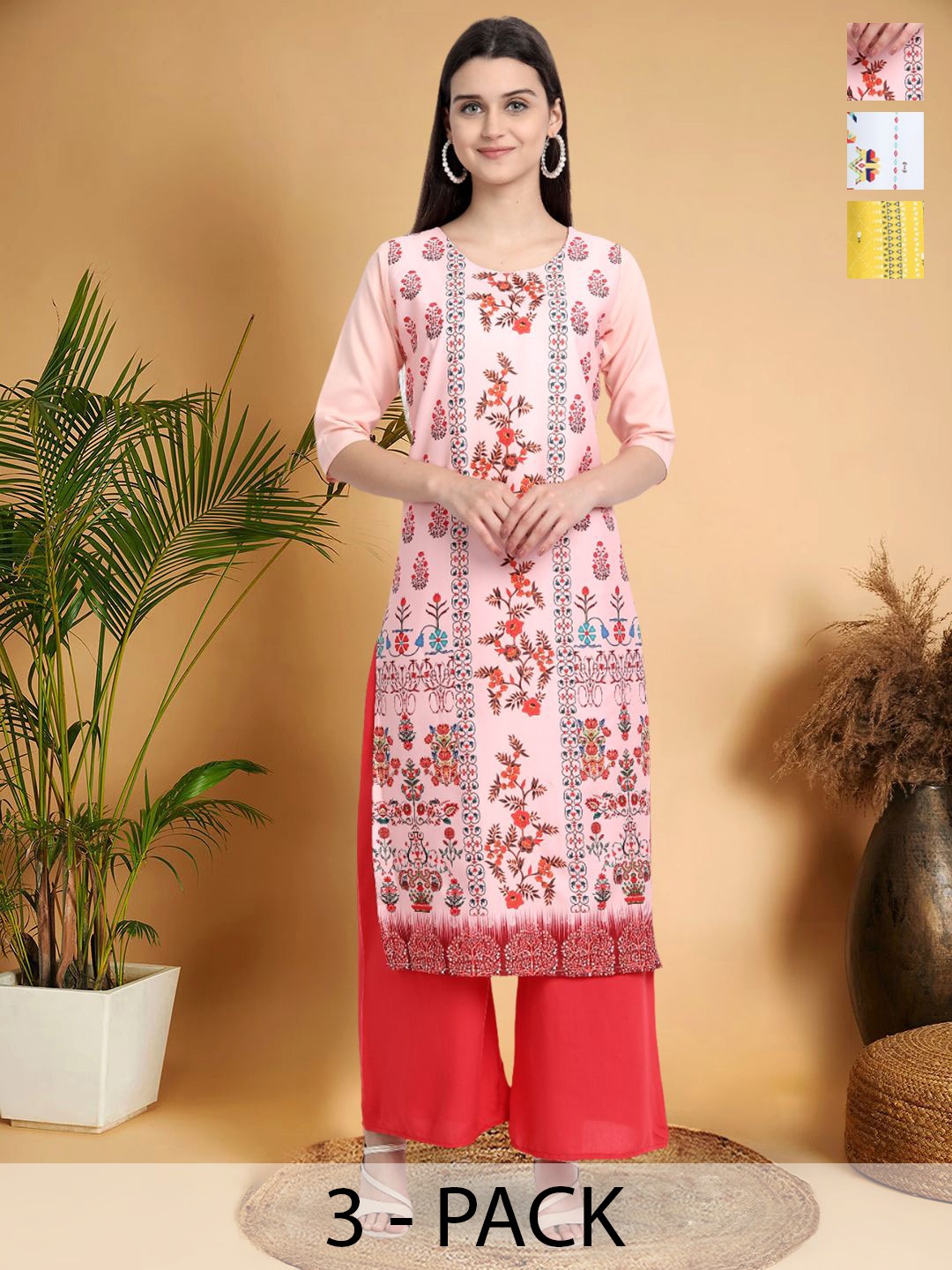 

7Threads Selection Of 3 Floral Printed Round Neck Straight Kurtas, Pink