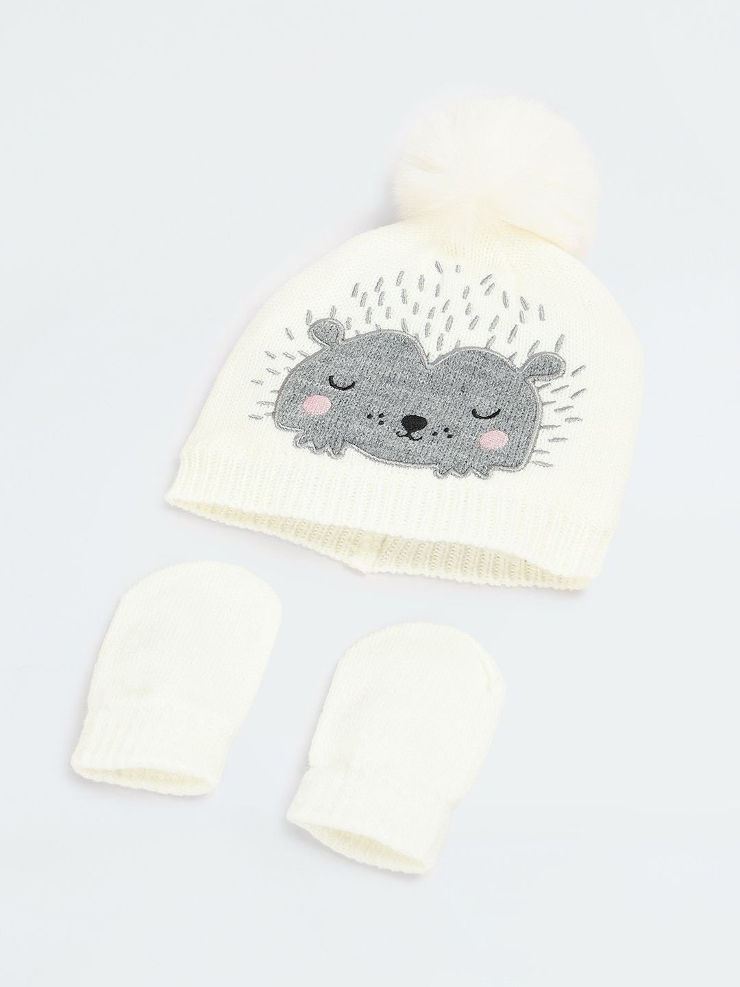 

max Boys Embroidered Acrylic Mittens & Beanie Set, Cream