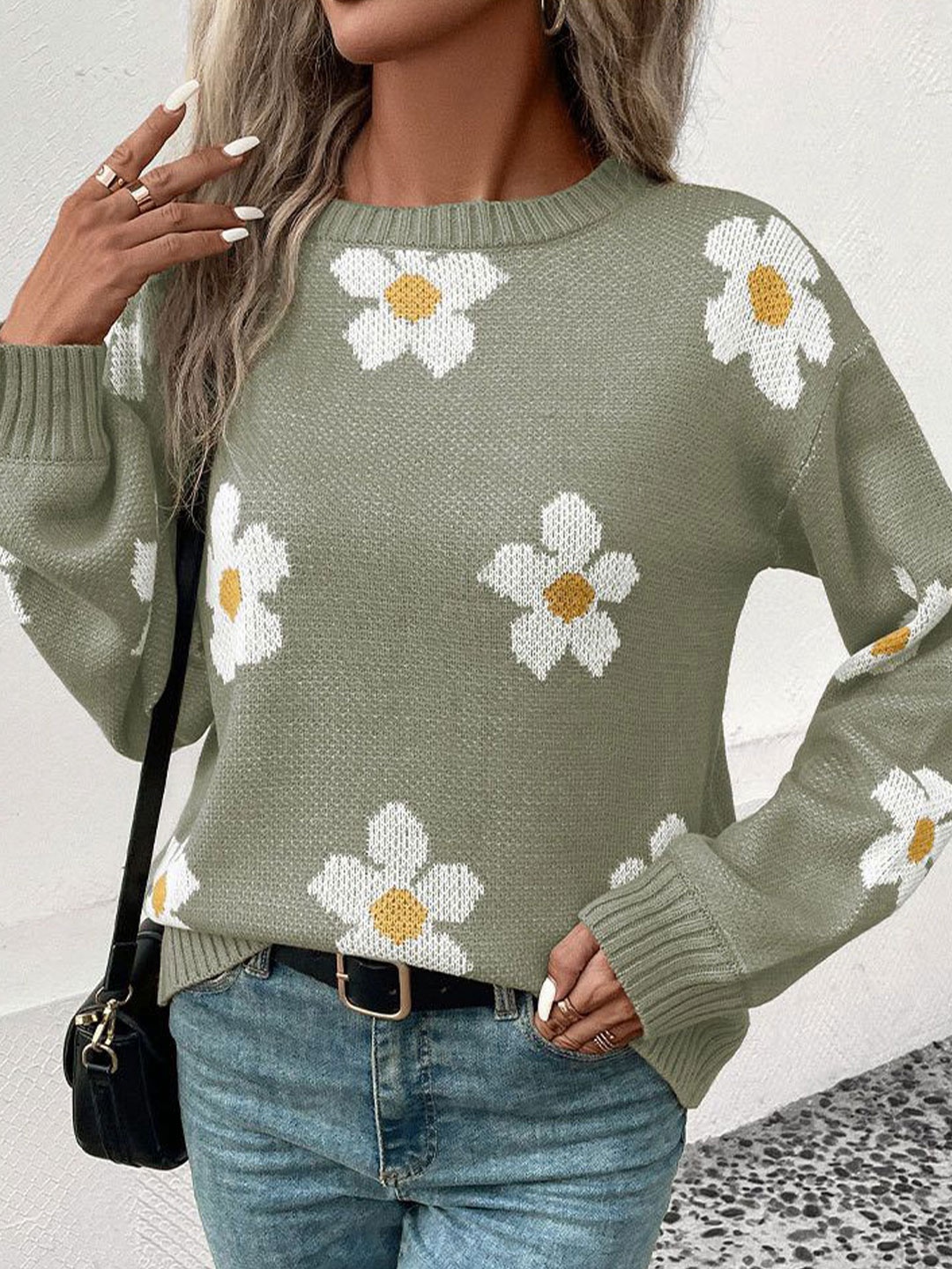 

DressBerry Women Floral Longline Pullover Sweaters, Green