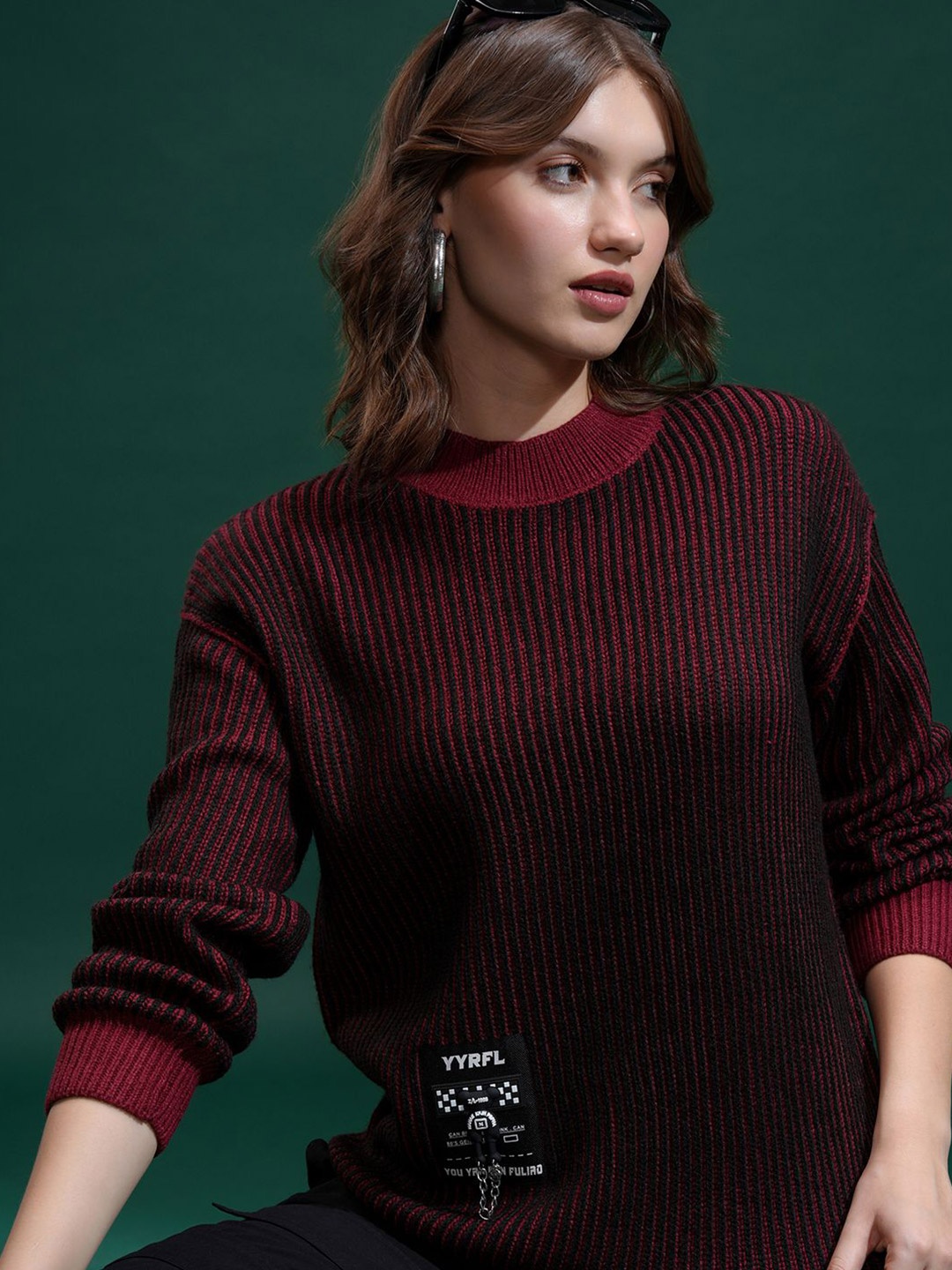 

Tokyo Talkies Women Round Neck Self Design Embellished Sweater, Black